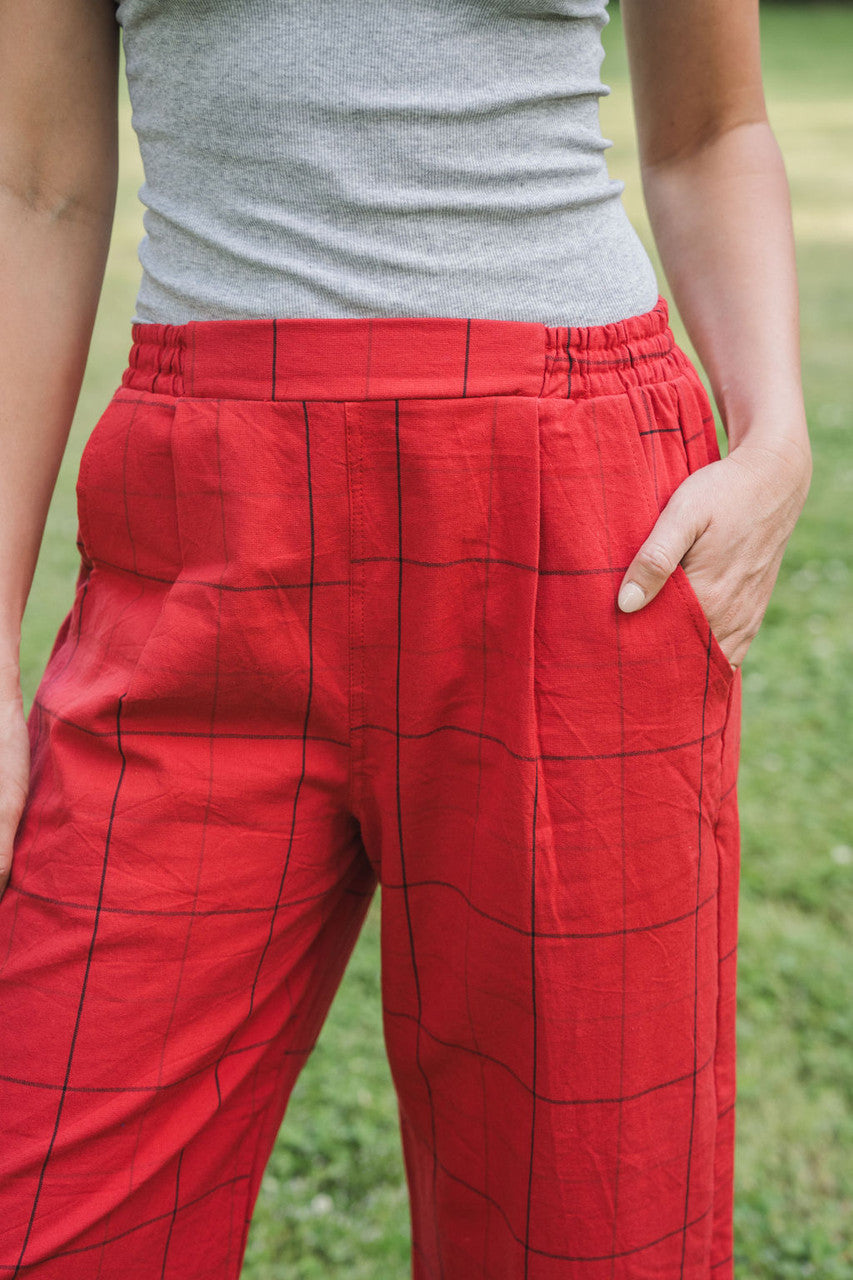 Handwoven Cotton Pants in Red Check