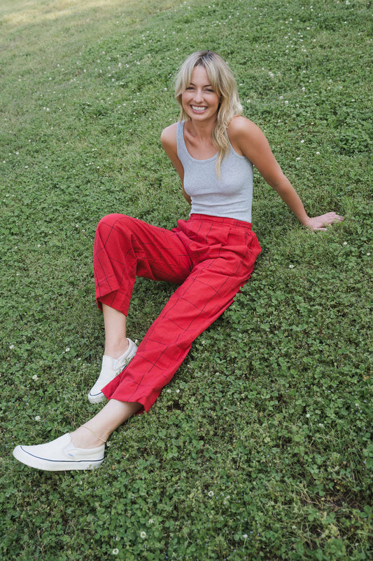 Handwoven Cotton Pants in Red Check