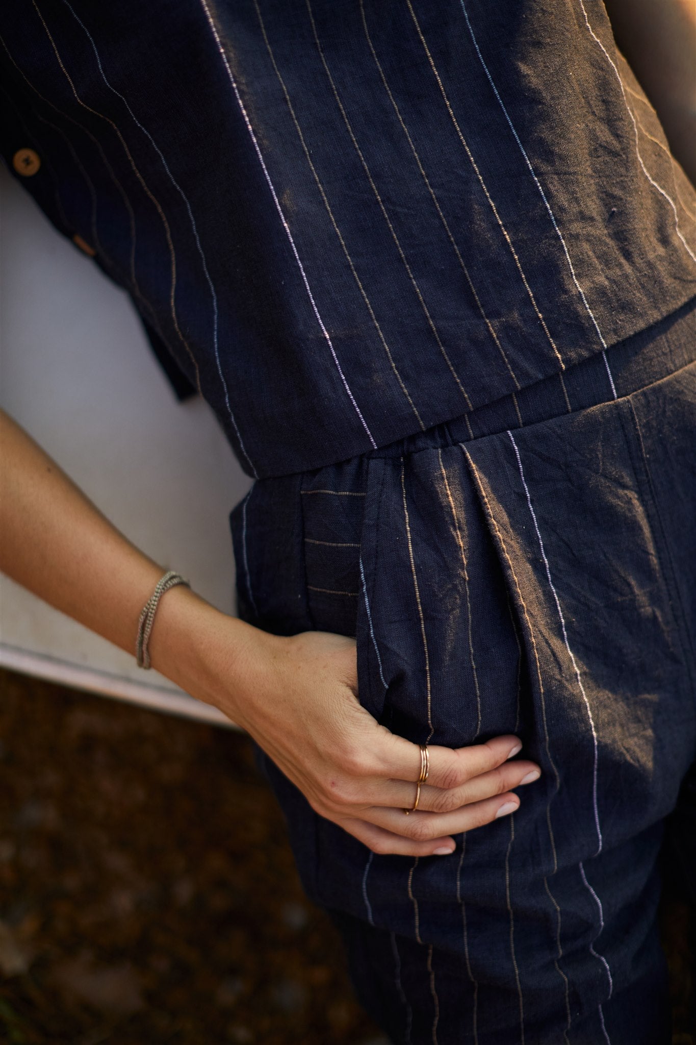Katie Handwoven Cotton Set in Navy Pin Stripe Made to Order