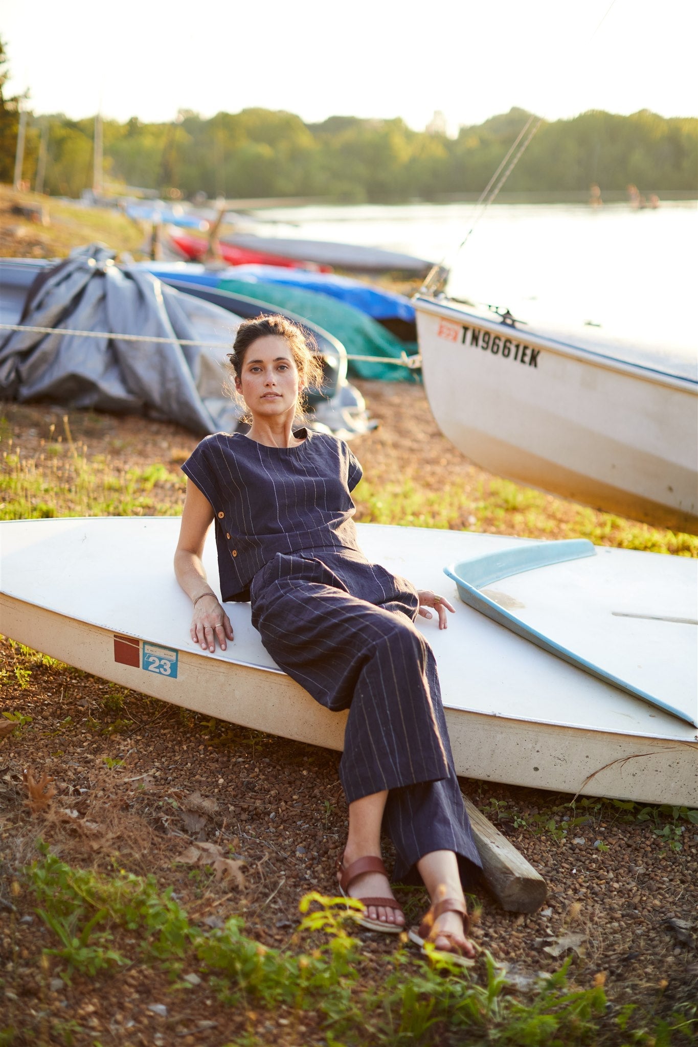 Katie Handwoven Cotton Set in Navy Pin Stripe Made to Order