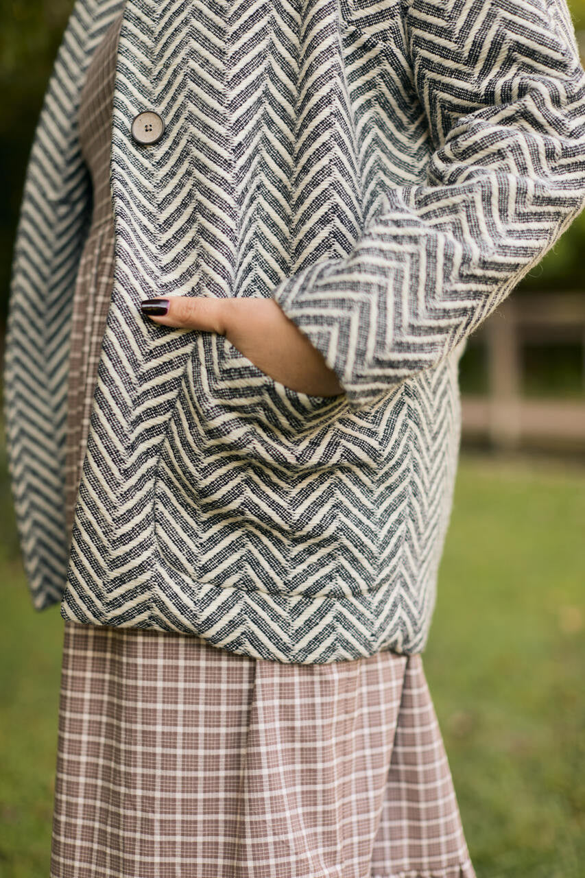 Portuguese Wool Pieper Coat in Black and White Herringbone Made to Order