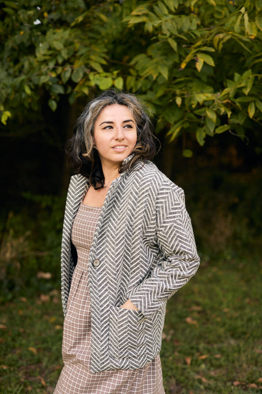 Portuguese Wool Pieper Coat in Black and White Herringbone Made to Order