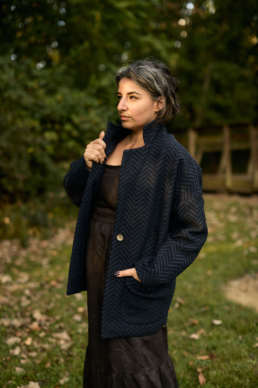 Portuguese Wool Pieper Coat in Navy and Black Herringbone Made to Order