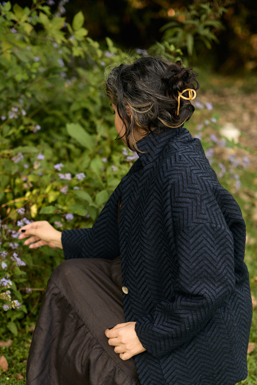 Portuguese Wool Pieper Coat in Navy and Black Herringbone Made to Order