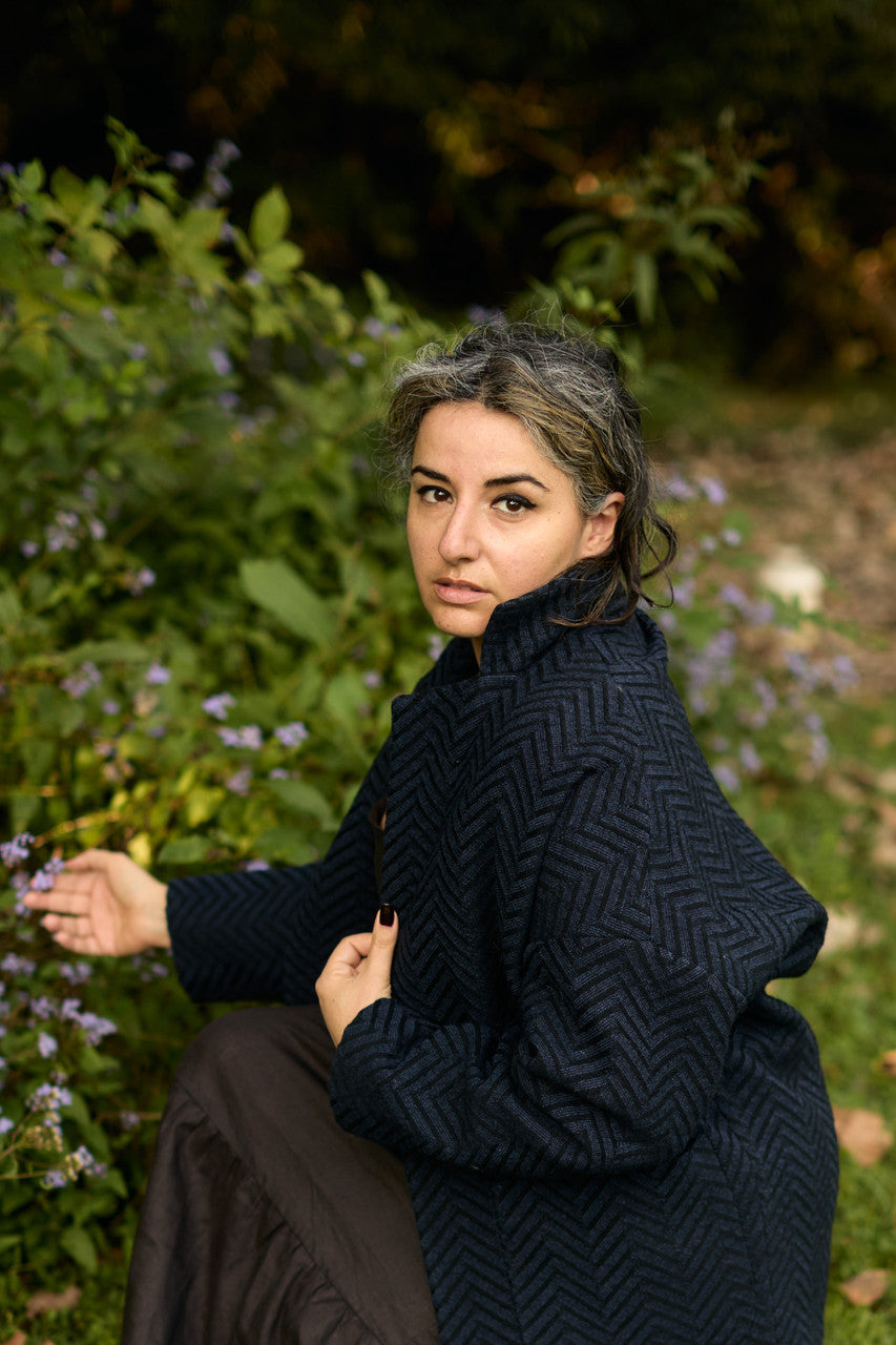 Portuguese Wool Pieper Coat in Navy and Black Herringbone Made to Order
