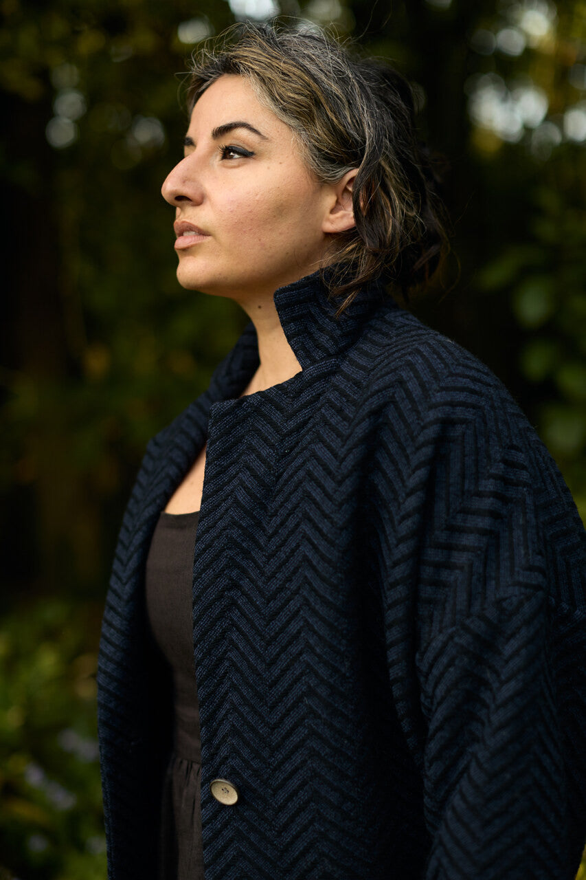 Portuguese Wool Pieper Coat in Navy and Black Herringbone Made to Order