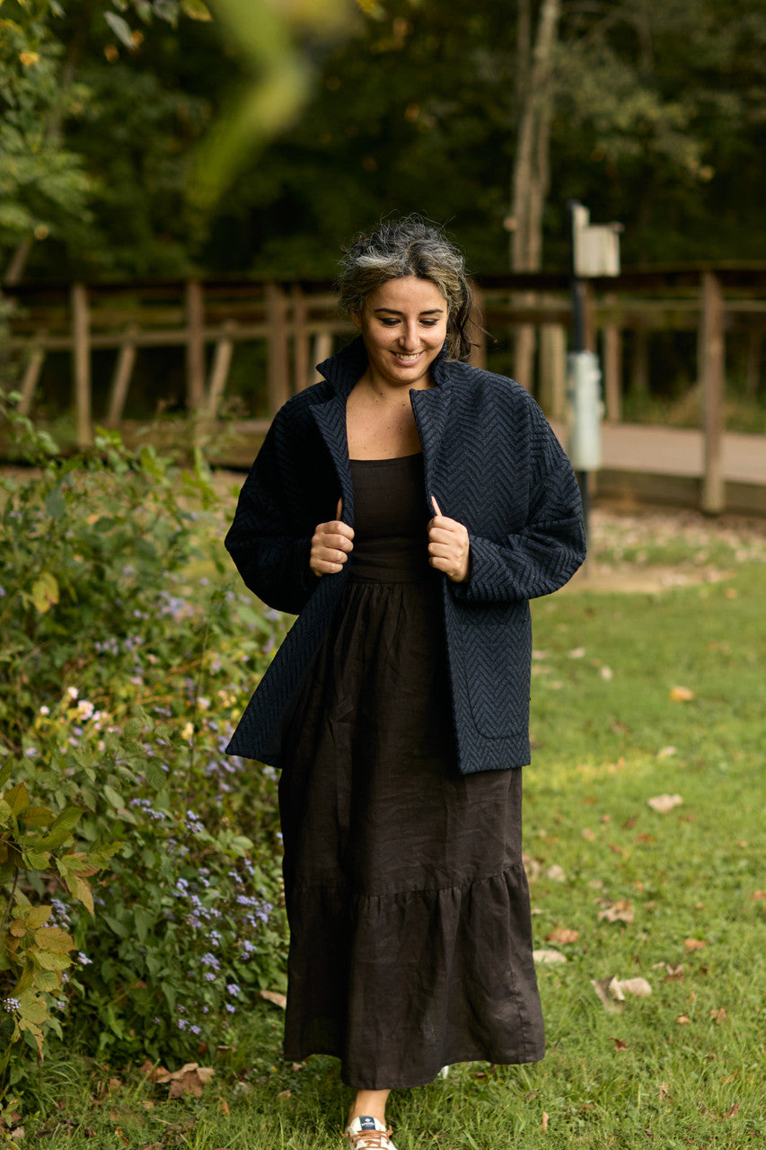 Portuguese Wool Pieper Coat in Navy and Black Herringbone Made to Order