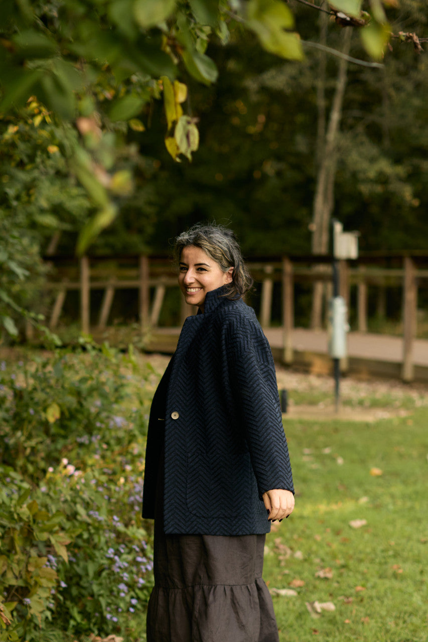 Portuguese Wool Pieper Coat in Navy and Black Herringbone Made to Order