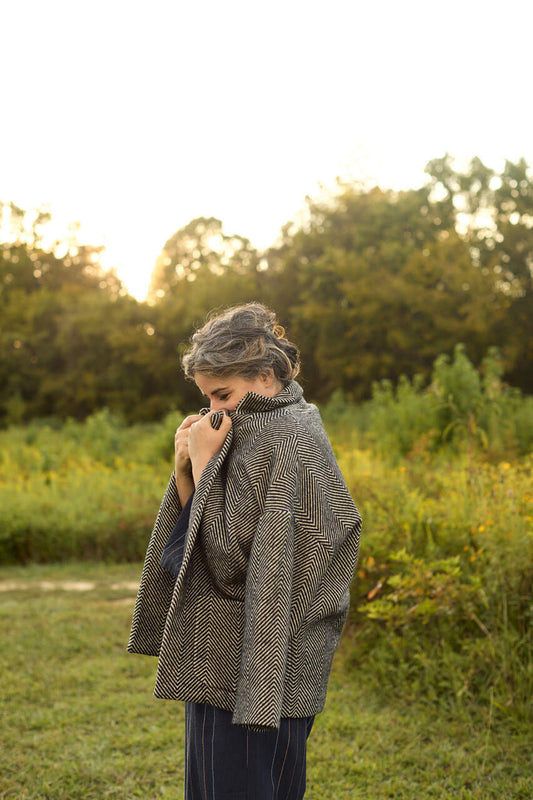 Portuguese Wool Pieper Coat in Black and Cream Thin Herringbone Made to Order