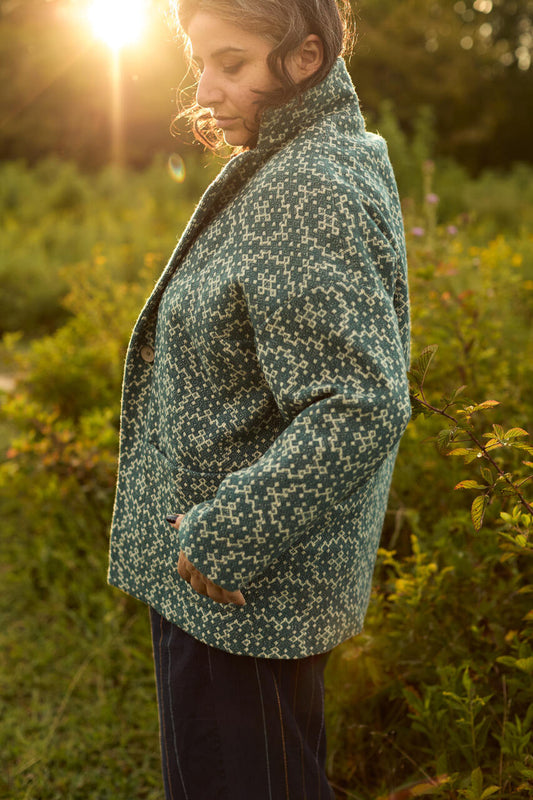Portuguese Wool Pieper Coat in Teal and Cream Lace Weave Made to Order