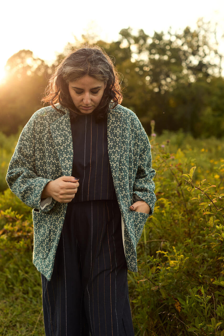 Portuguese Wool Pieper Coat in Teal and Cream Lace Weave Made to Order