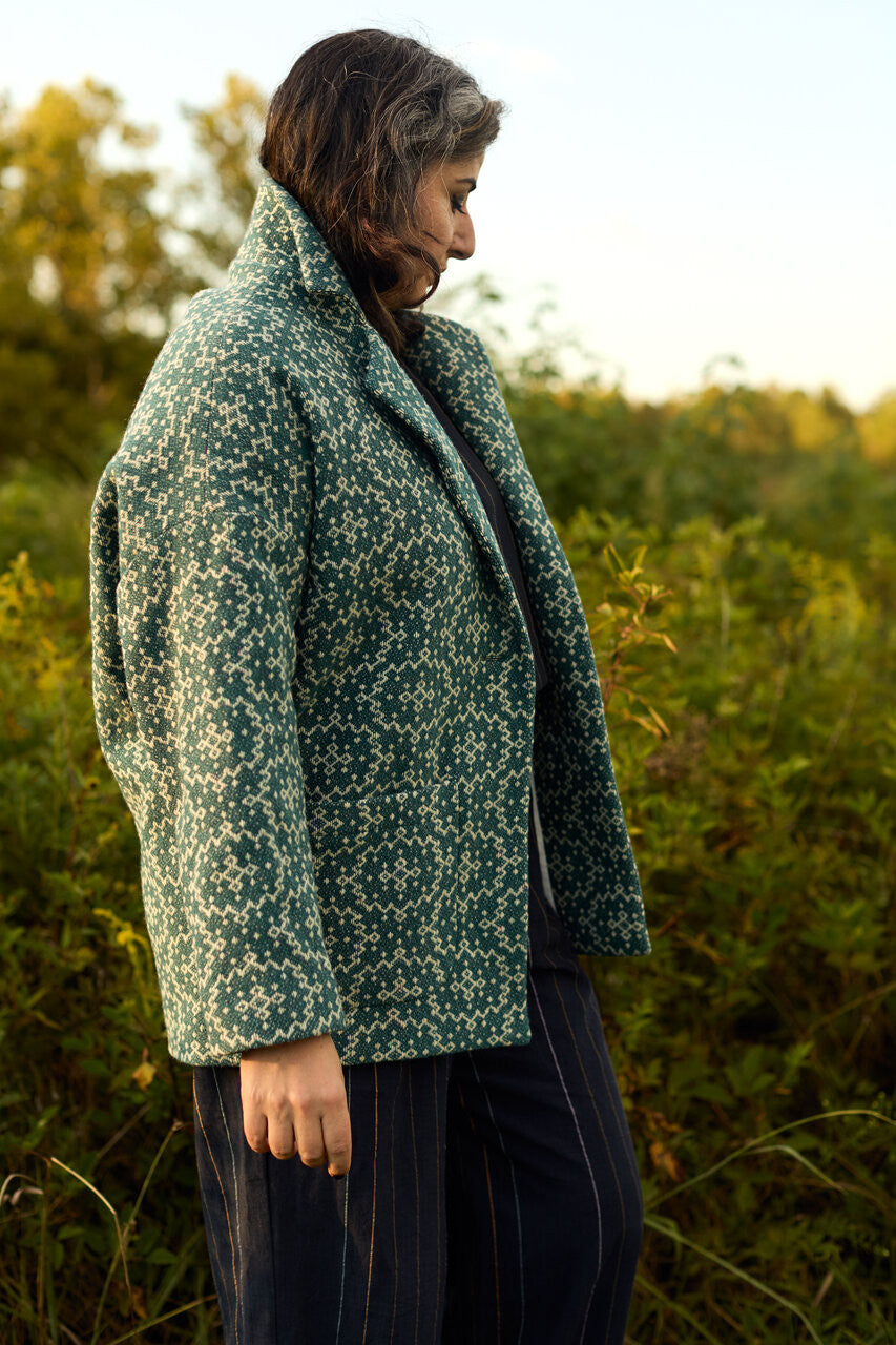 Portuguese Wool Pieper Coat in Teal and Cream Lace Weave Made to Order