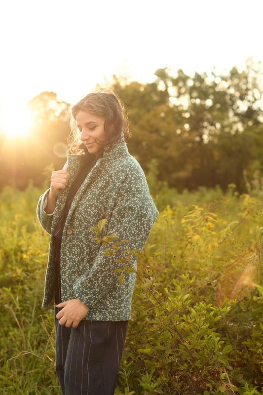 Portuguese Wool Pieper Coat in Teal and Cream Lace Weave Made to Order