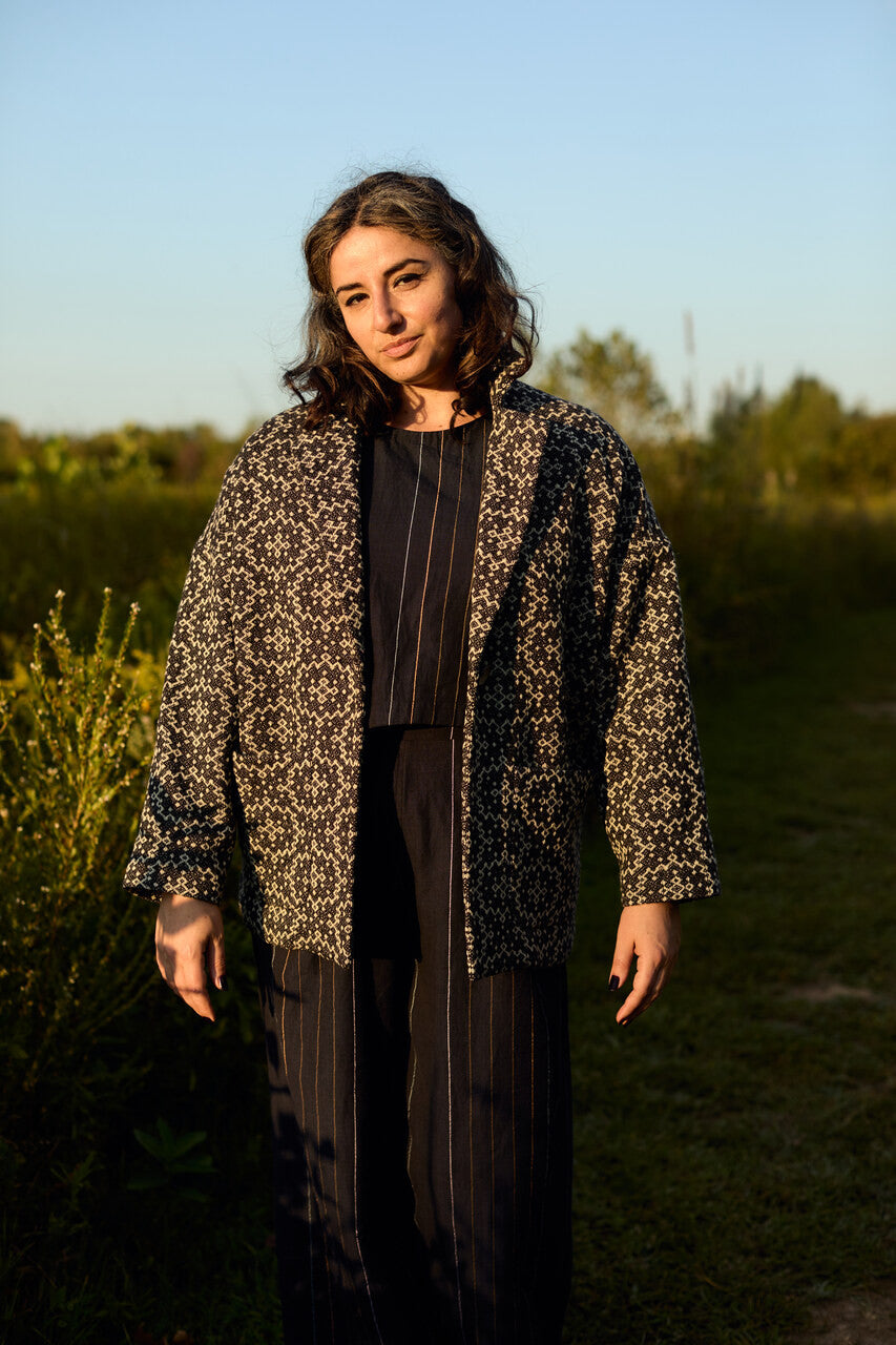 Portuguese Wool Pieper Coat in Teal and Cream Lace Weave Made to Order