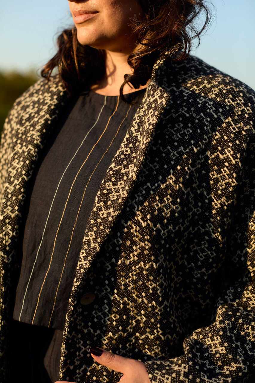 Portuguese Wool Pieper Coat in Teal and Cream Lace Weave Made to Order