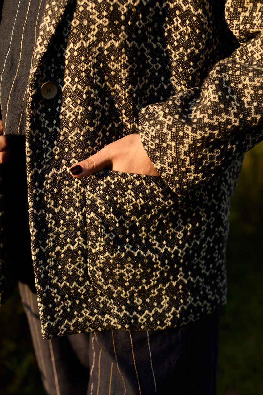 Portuguese Wool Pieper Coat in Teal and Cream Lace Weave Made to Order