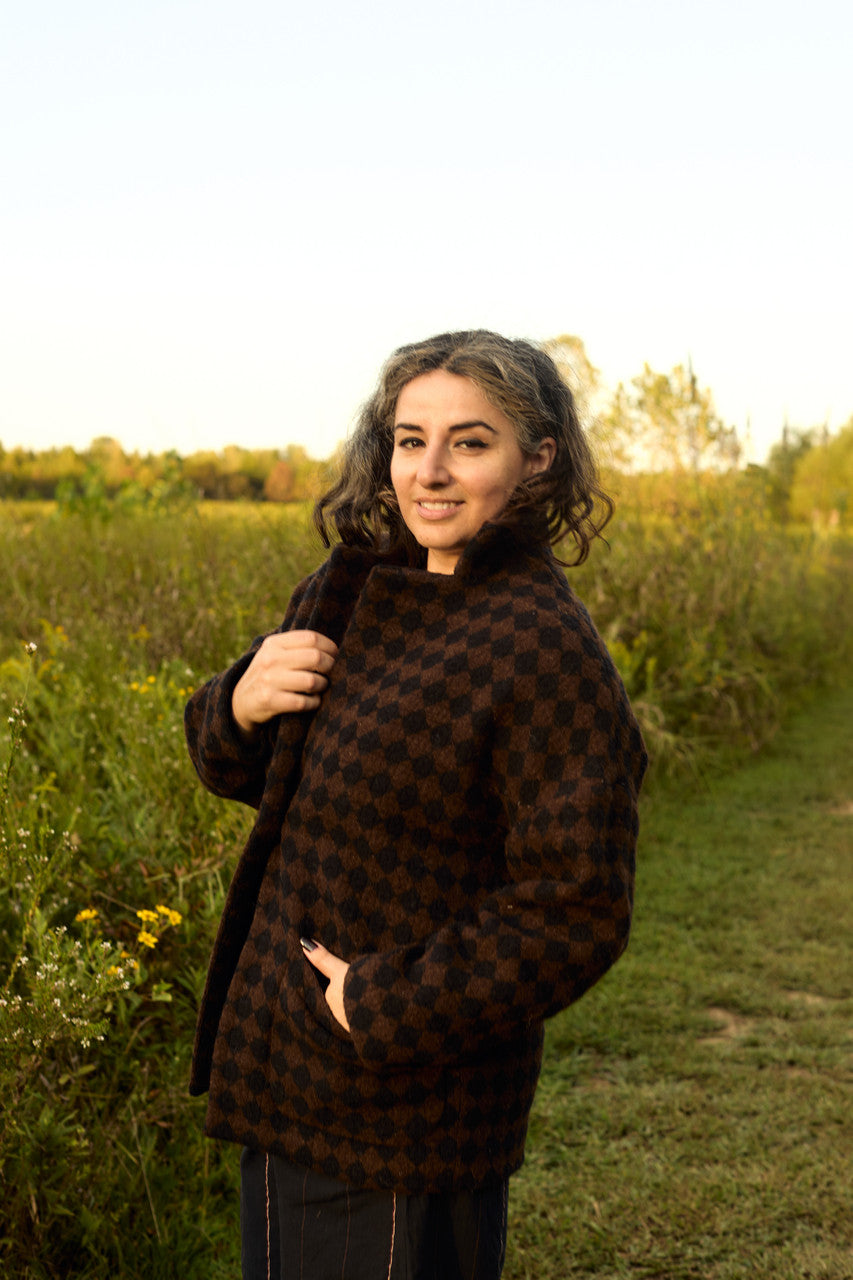 Portuguese Wool Pieper Coat in Black and Brown Check Made to Order