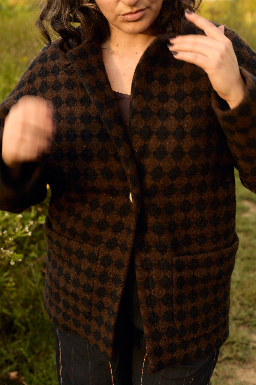 Portuguese Wool Pieper Coat in Black and Brown Check Made to Order