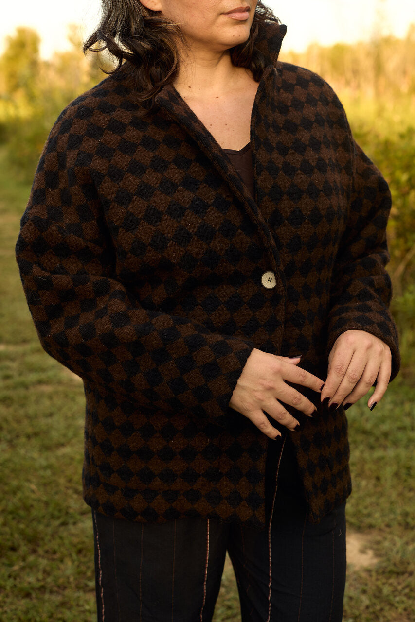 Portuguese Wool Pieper Coat in Black and Brown Check Made to Order