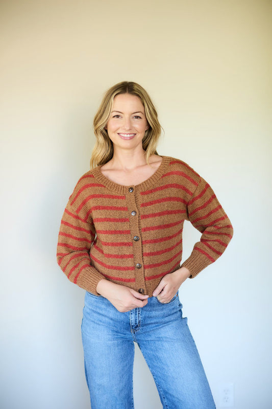 Leota Striped Wool Cardigan in Chestnut and Red Made to Order
