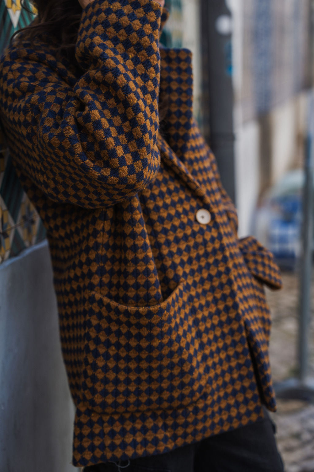 Portuguese Wool Pieper Coat in Brown and Navy Small Check Made to Order