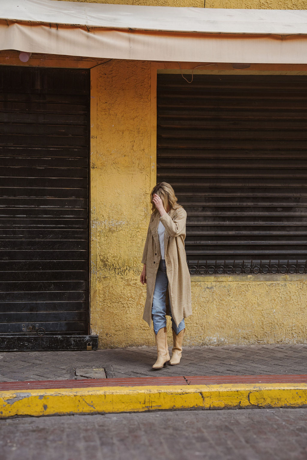 Portuguese Wool Polly Coat in Mustard and Cream Check Made to Order - S Left