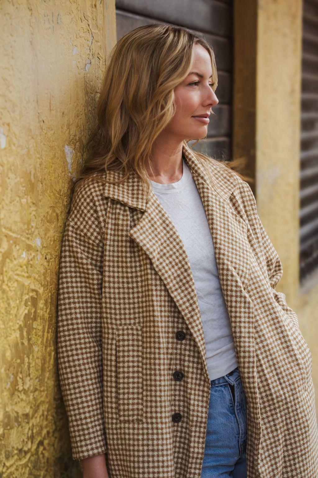 Portuguese Wool Polly Coat in Mustard and Cream Check Made to Order - S Left