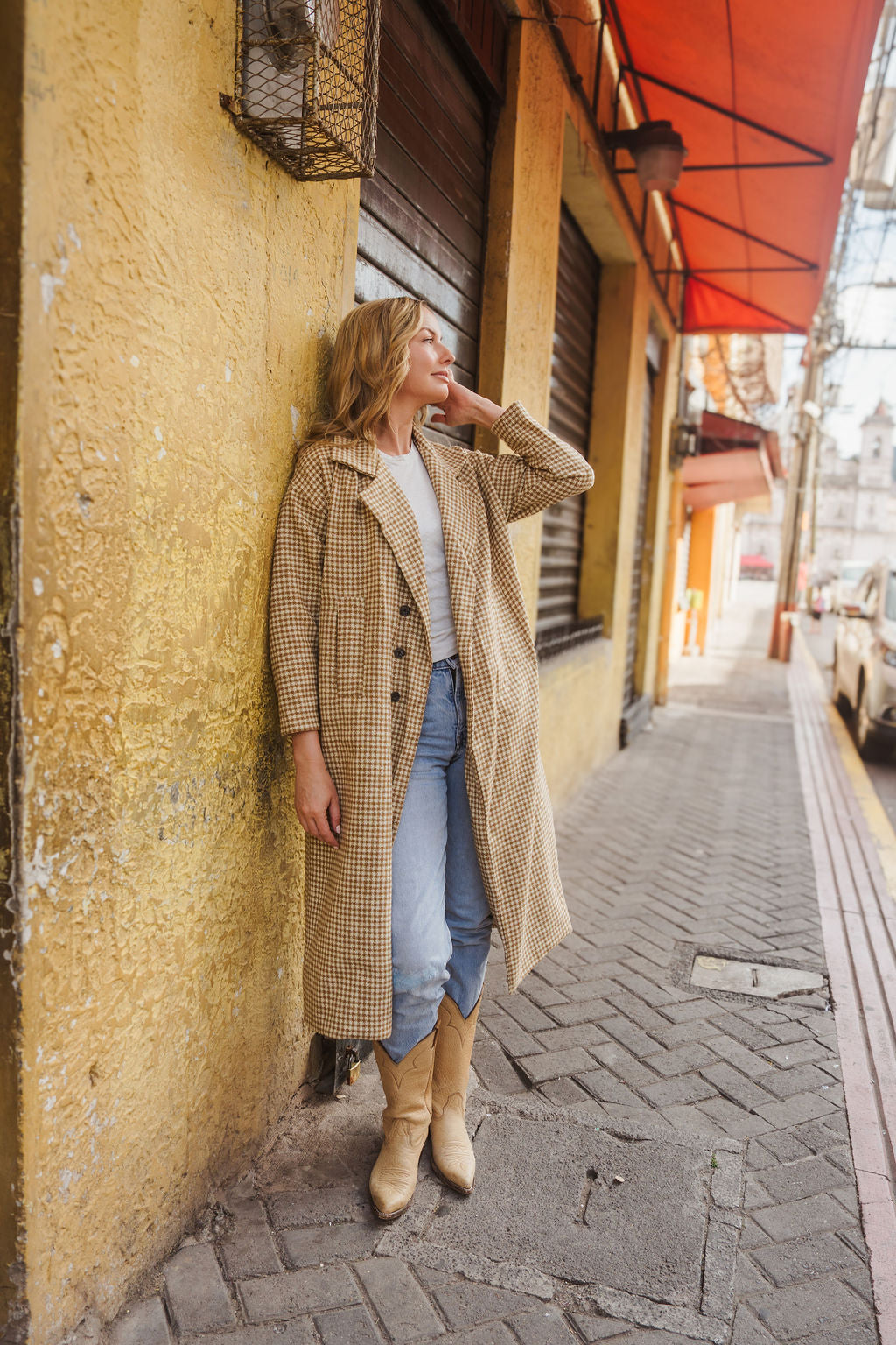 Portuguese Wool Polly Coat in Mustard and Cream Check Made to Order - S Left