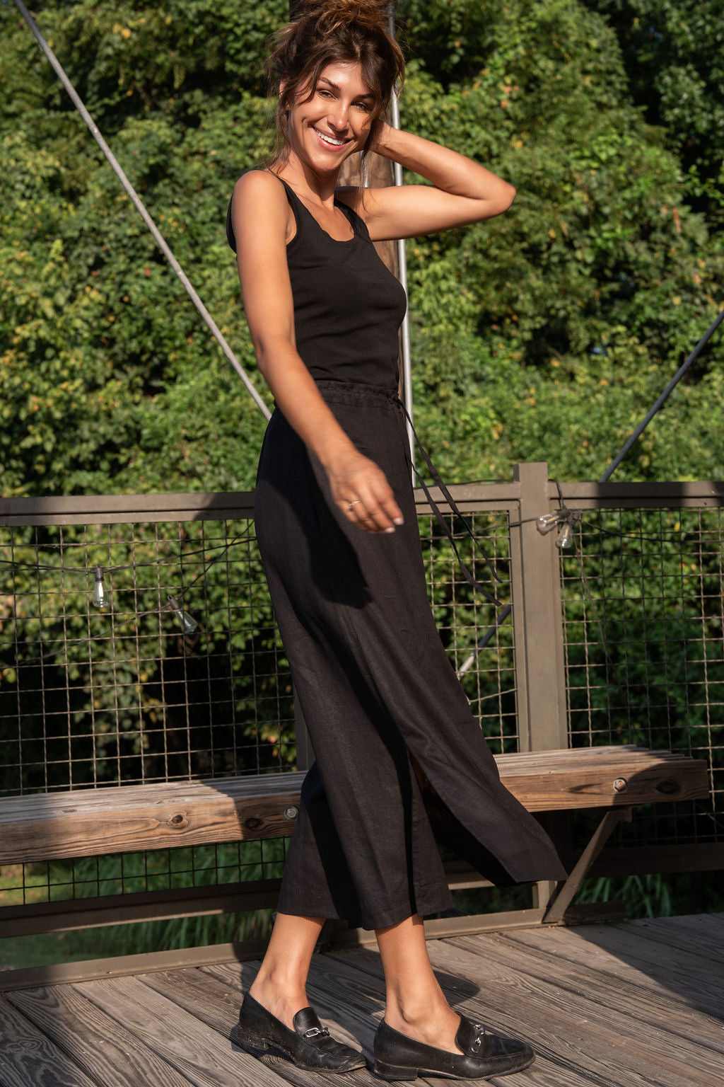 Drawstring Skirt in Black Linen