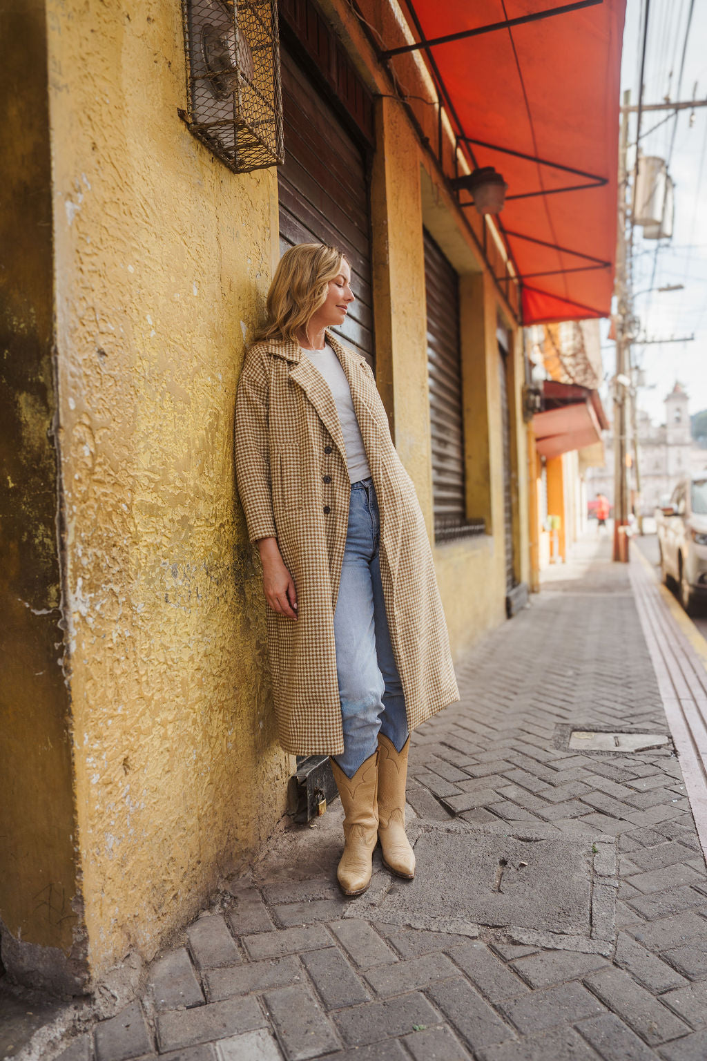 Portuguese Wool Polly Coat in Mustard and Cream Check Made to Order - S Left