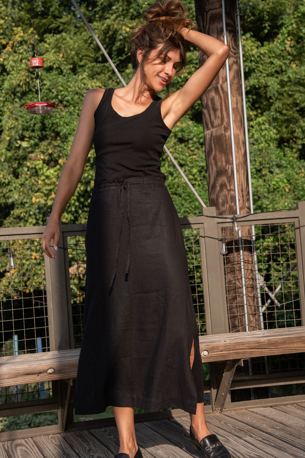 Drawstring Skirt in Black Linen