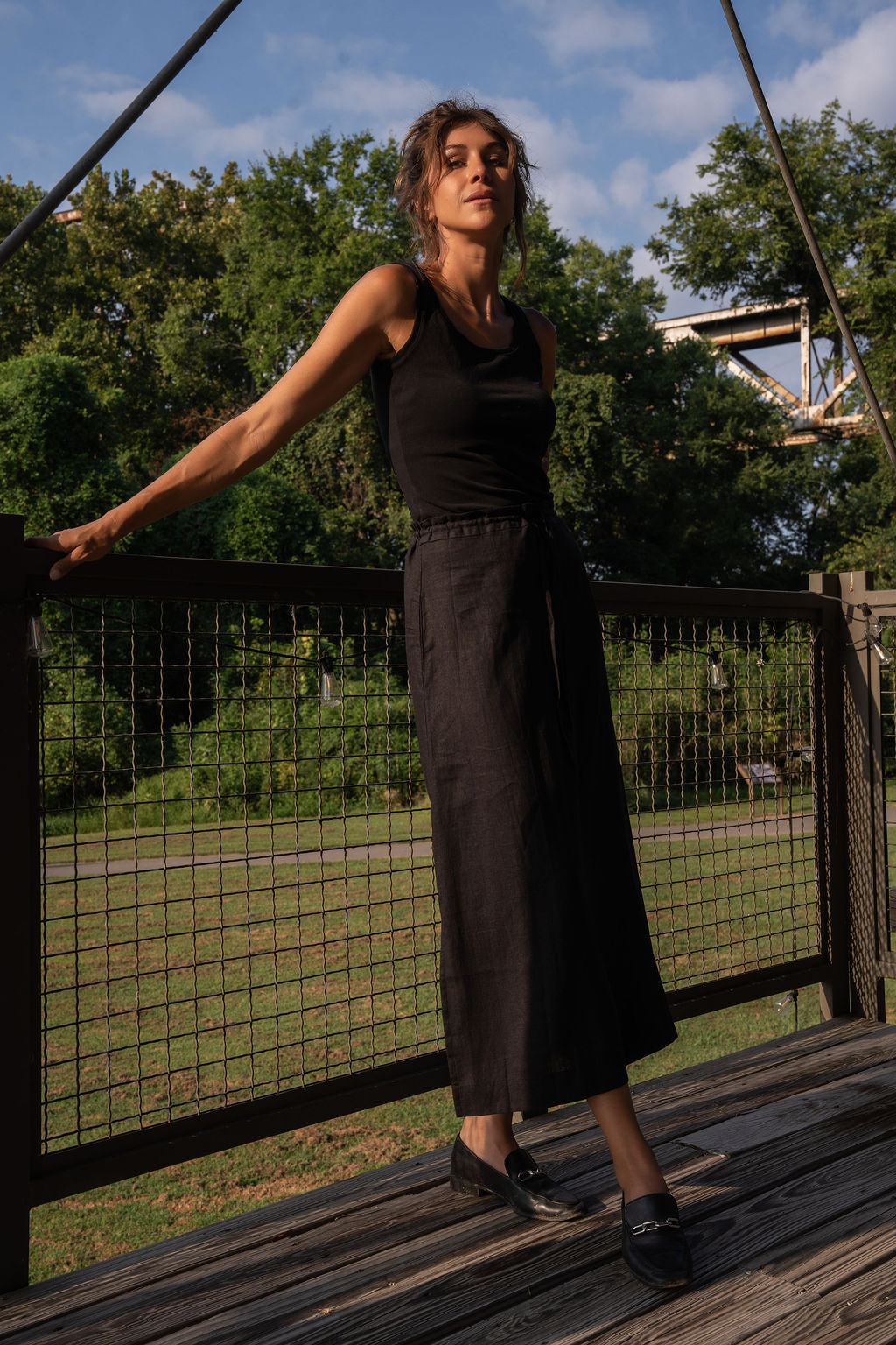 Drawstring Skirt in Black Linen