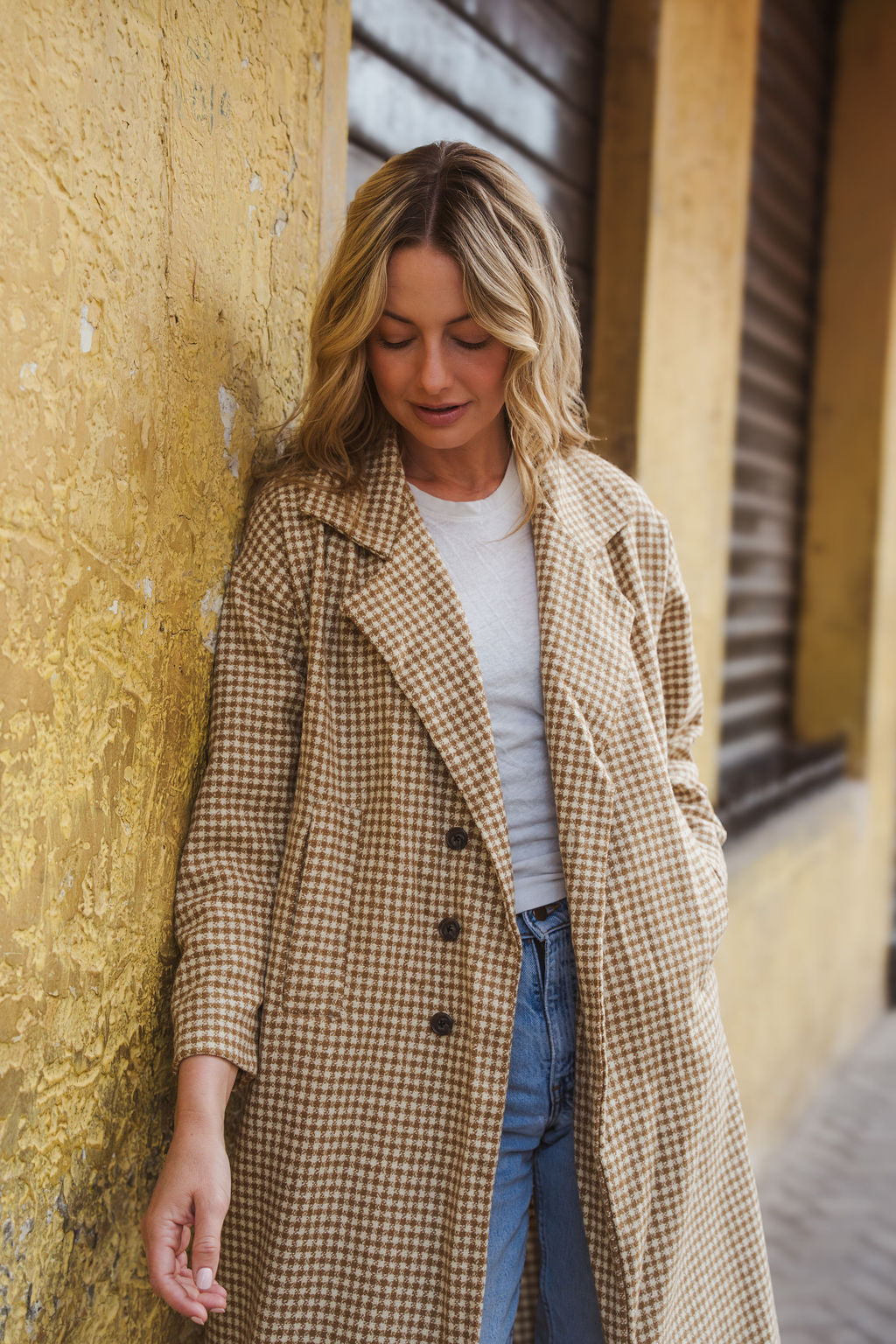 Portuguese Wool Polly Coat in Mustard and Cream Check Made to Order - S Left