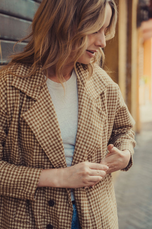 Portuguese Wool Polly Coat in Mustard and Cream Check Made to Order - S Left