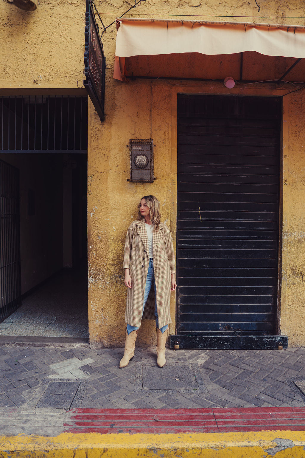 Portuguese Wool Polly Coat in Mustard and Cream Check Made to Order - S Left