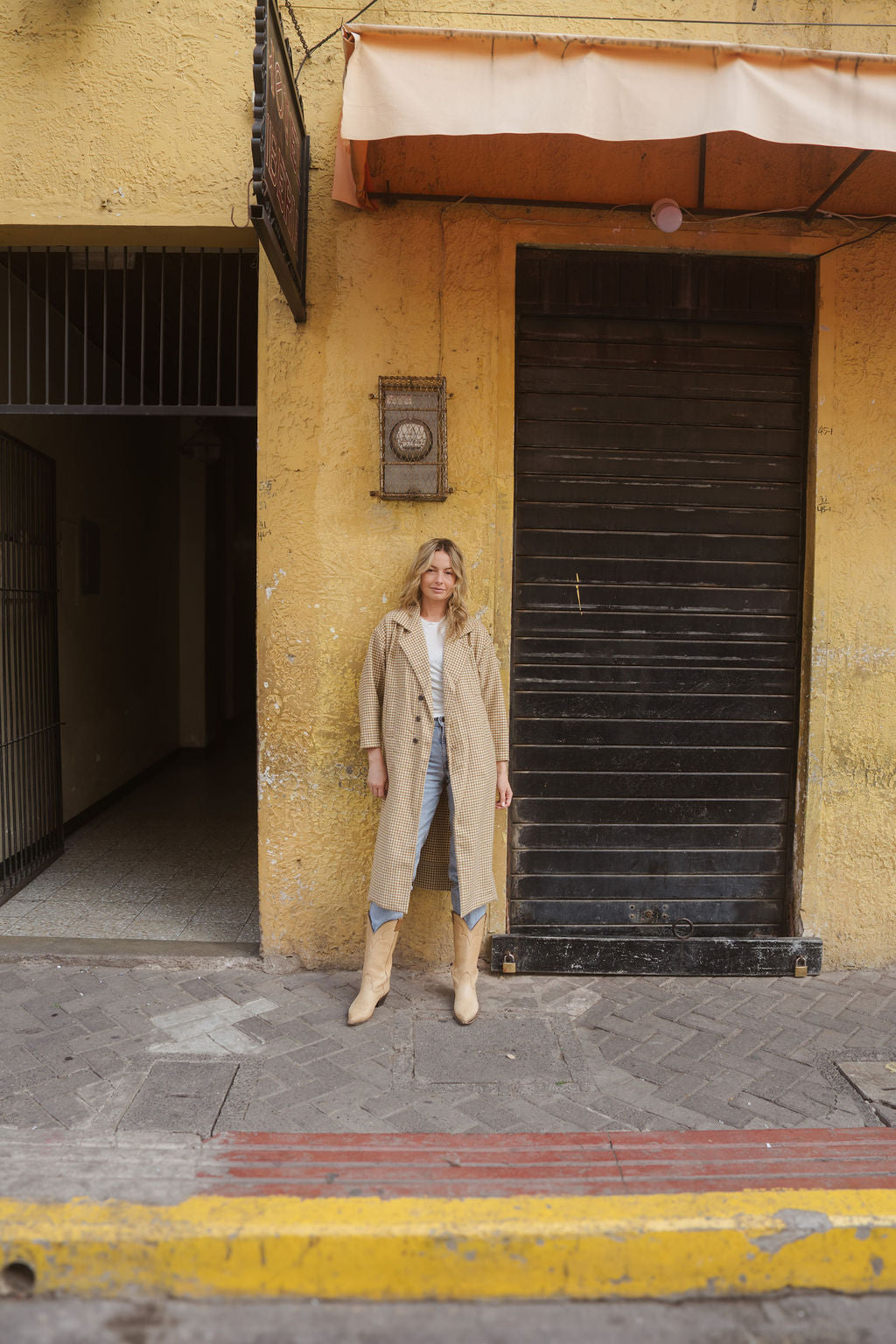 Portuguese Wool Polly Coat in Mustard and Cream Check Made to Order - S Left