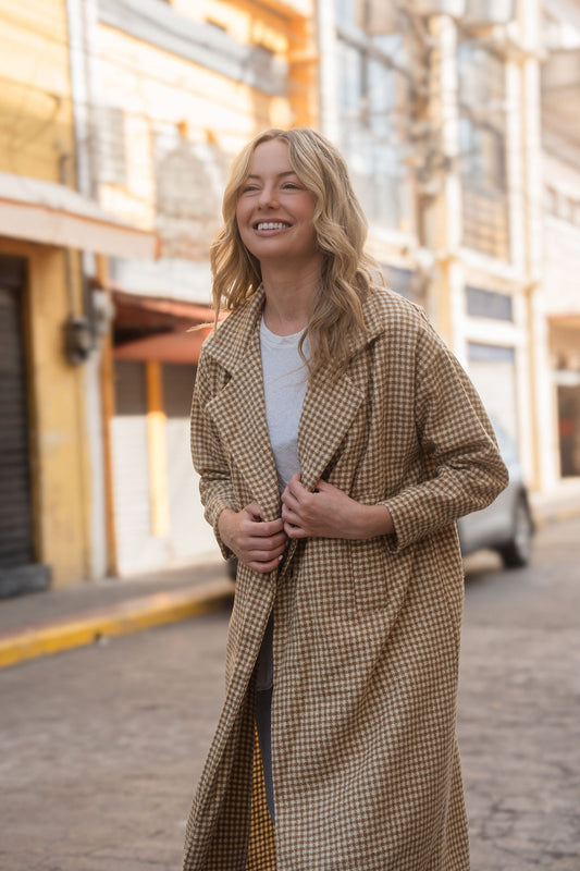 Portuguese Wool Polly Coat in Mustard and Cream Check Made to Order - S Left