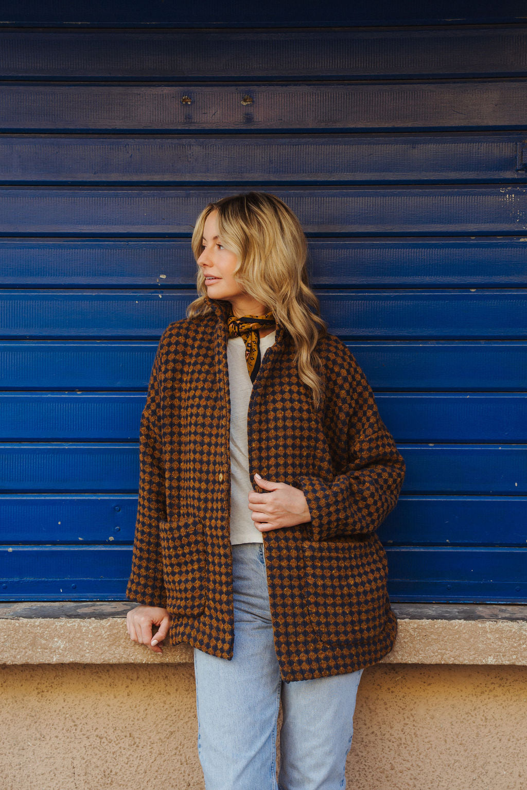 Portuguese Wool Pieper Coat in Brown and Navy Small Check Made to Order