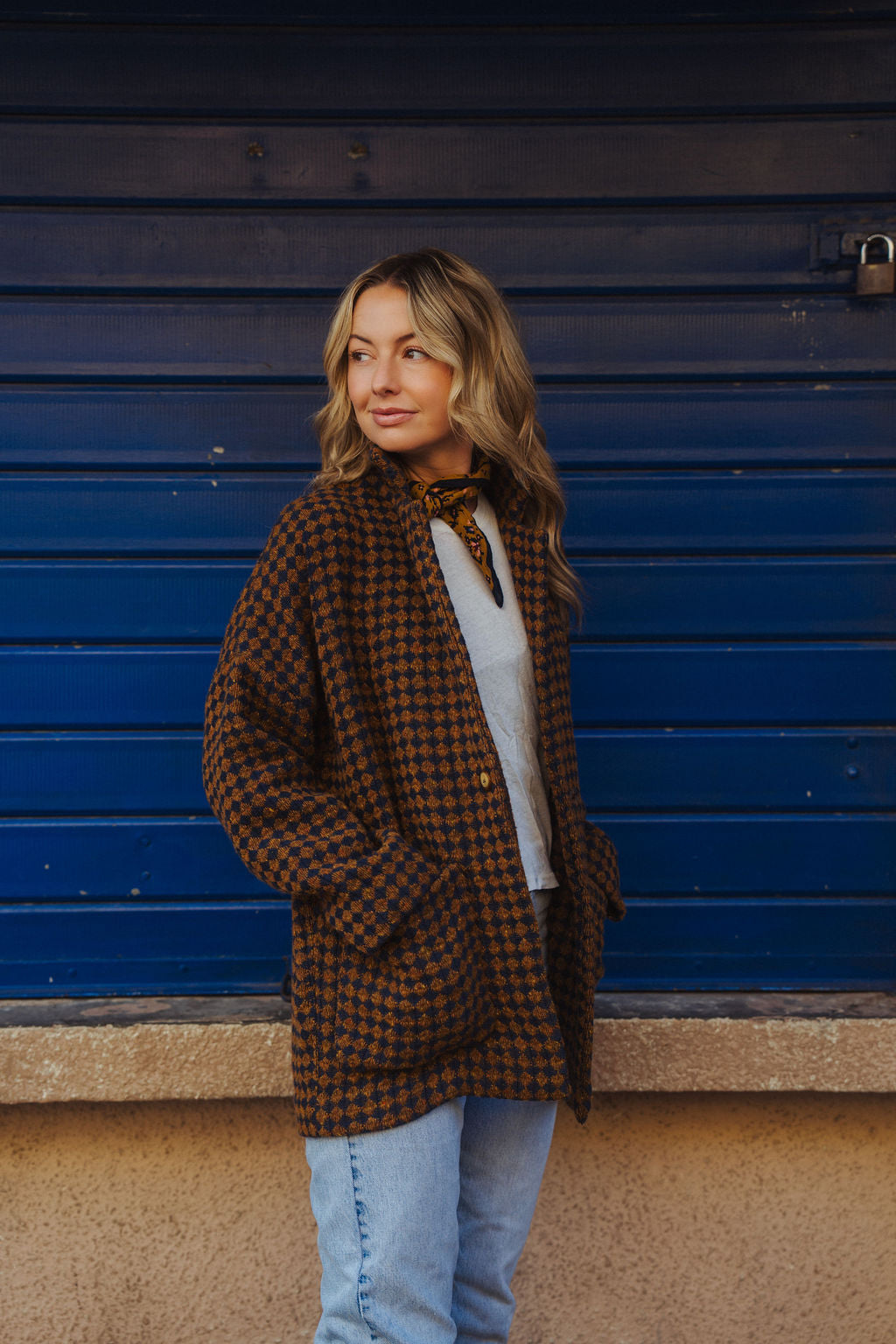 Portuguese Wool Pieper Coat in Brown and Navy Small Check Made to Order