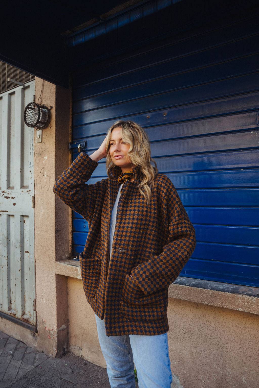 Portuguese Wool Pieper Coat in Brown and Navy Small Check Made to Order