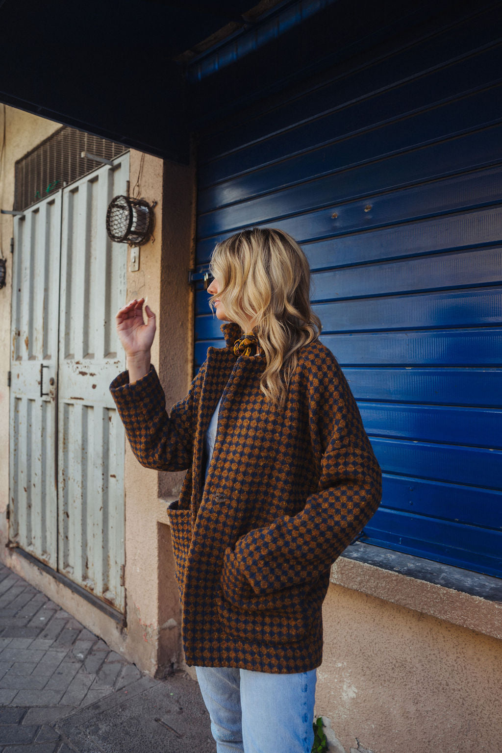 Portuguese Wool Pieper Coat in Brown and Navy Small Check Made to Order