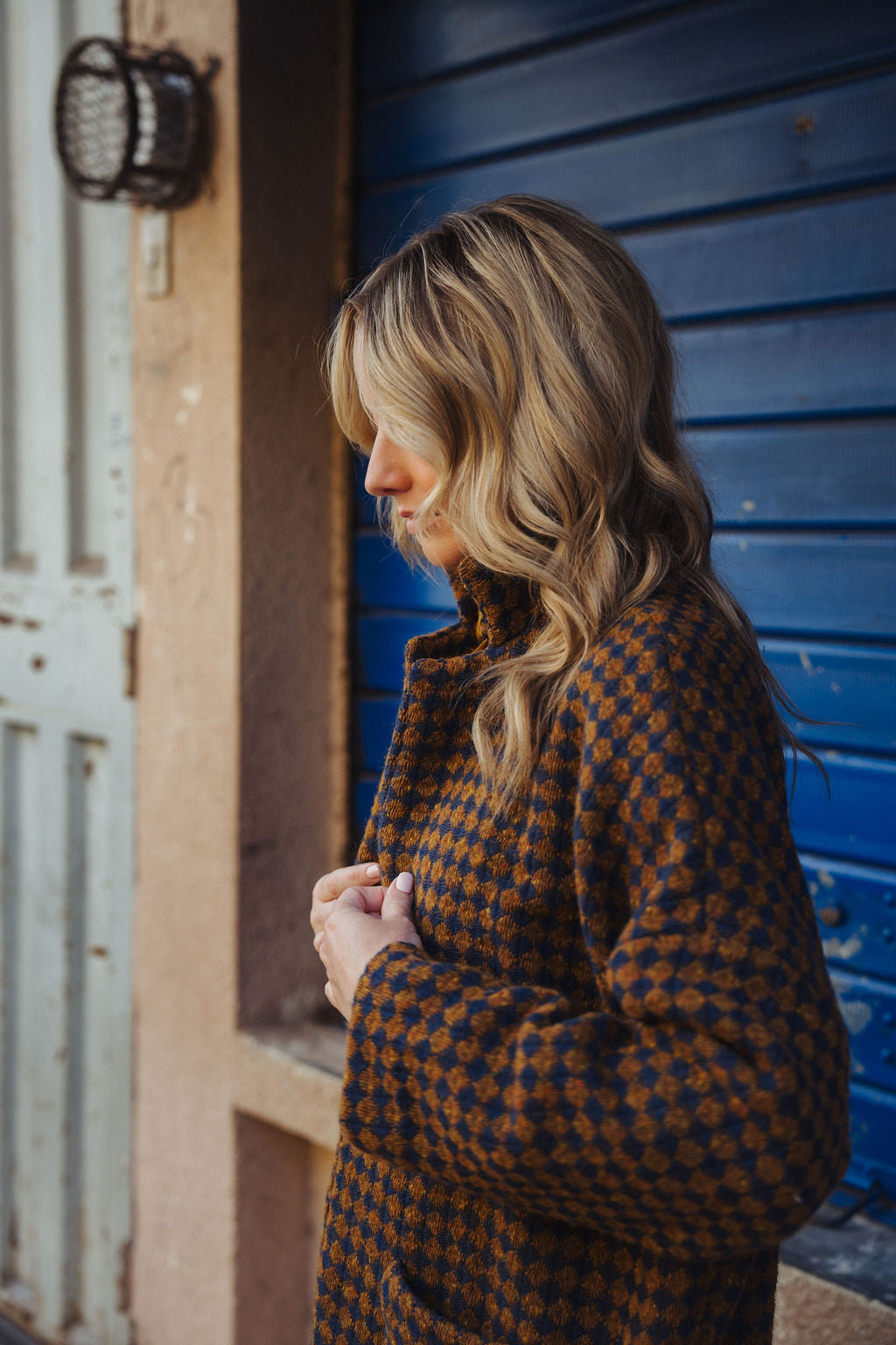 Portuguese Wool Pieper Coat in Brown and Navy Small Check Made to Order
