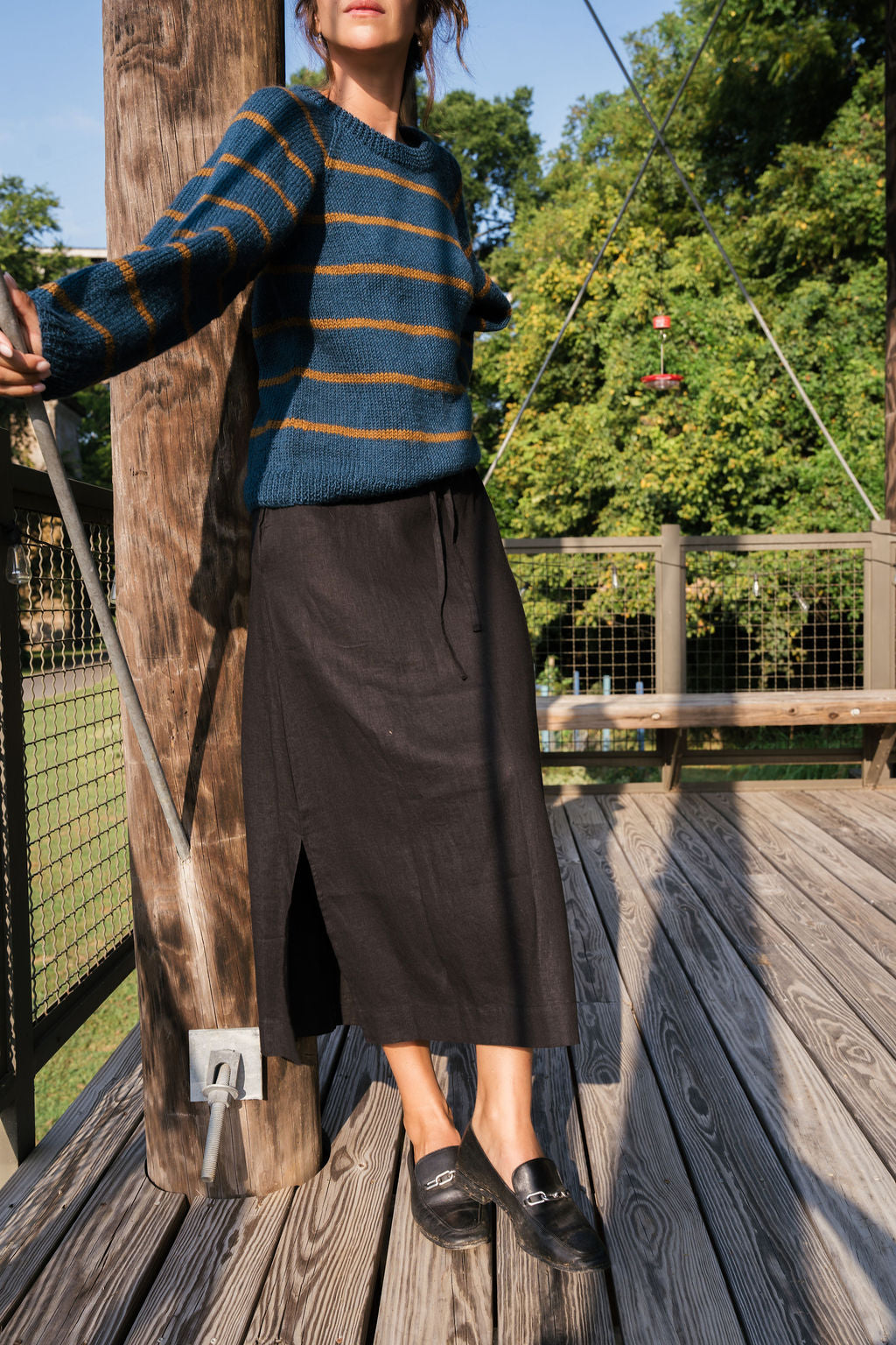 Drawstring Skirt in Black Linen
