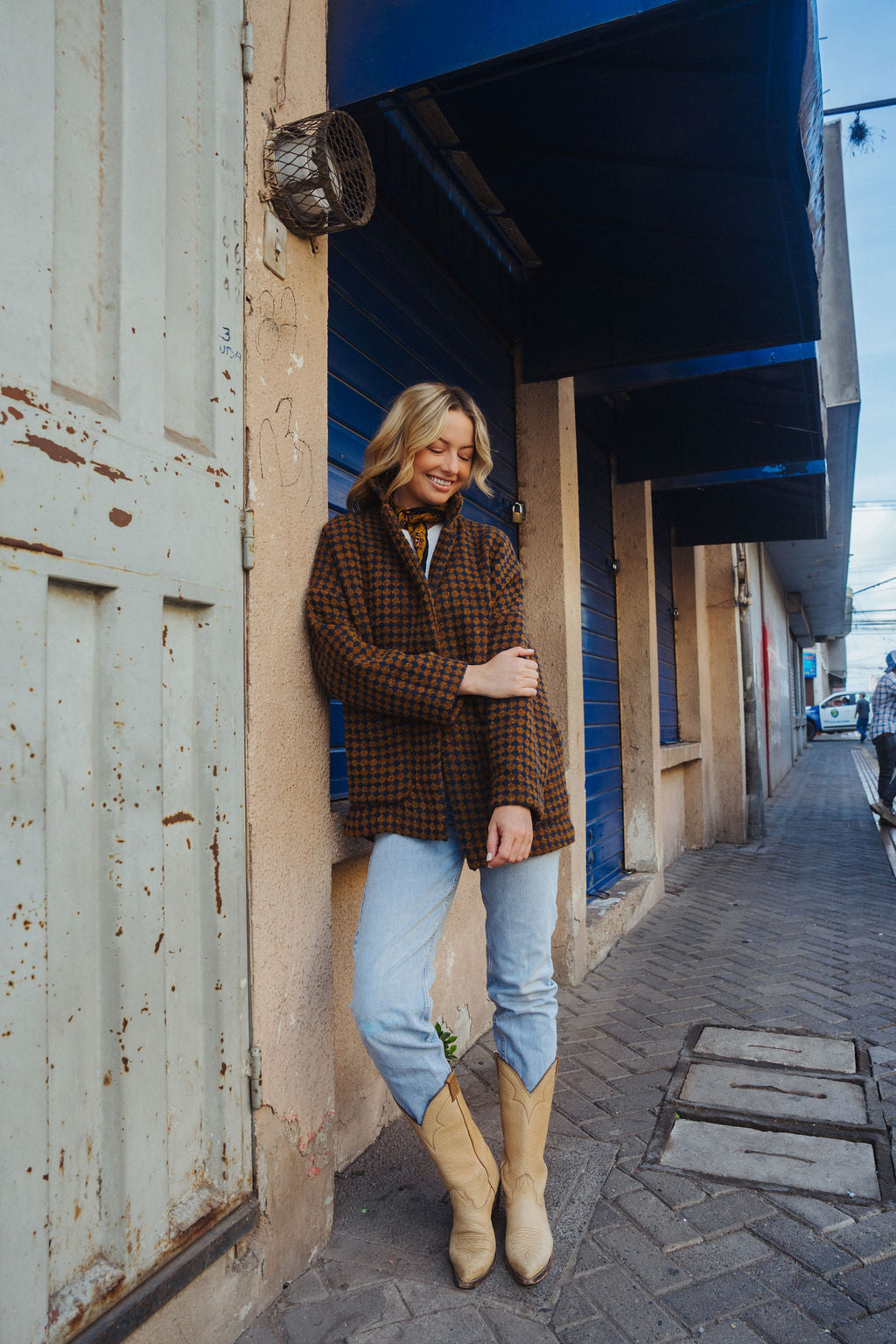 Portuguese Wool Pieper Coat in Brown and Navy Small Check Made to Order