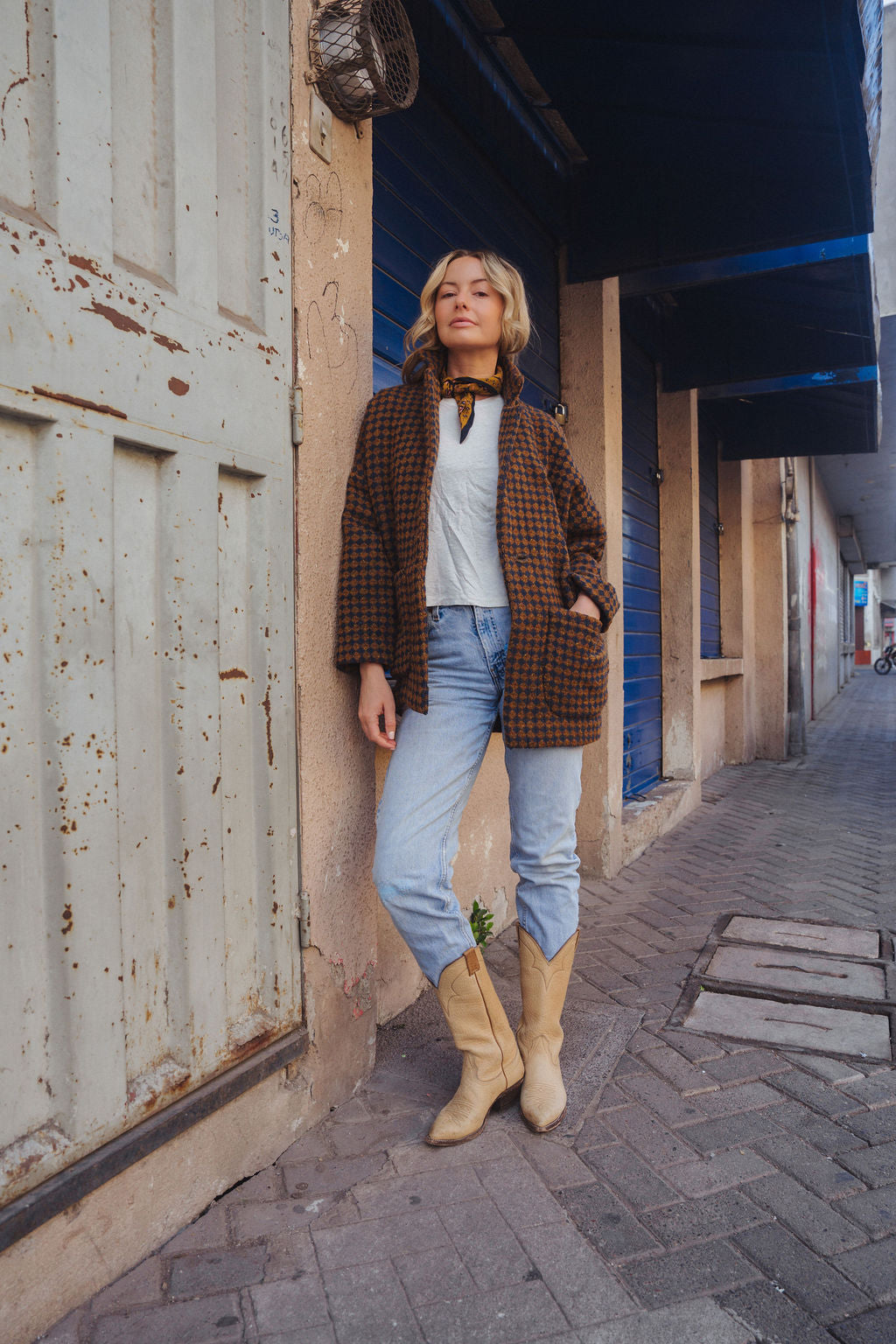 Portuguese Wool Pieper Coat in Brown and Navy Small Check Made to Order