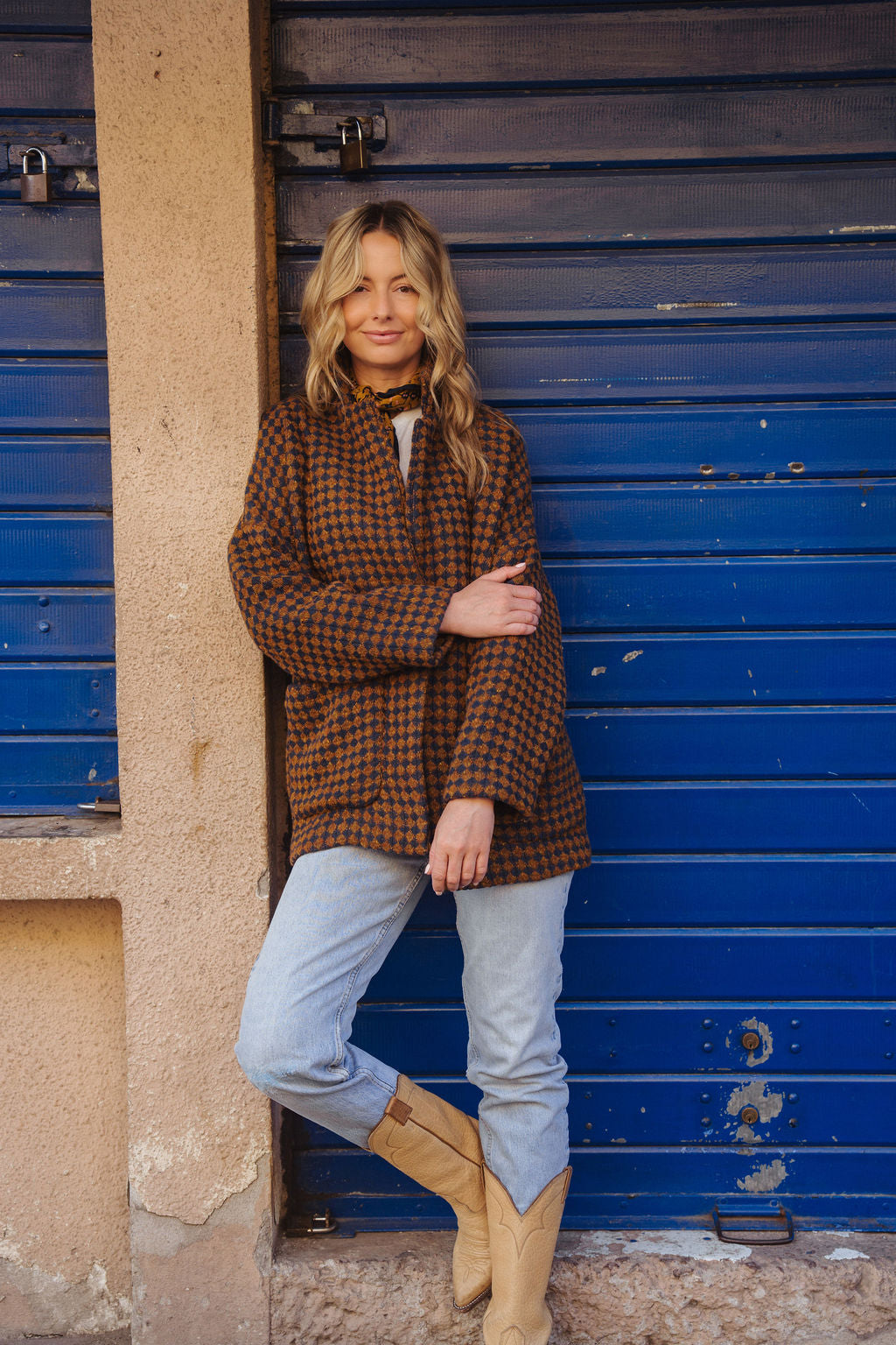 Portuguese Wool Pieper Coat in Brown and Navy Small Check Made to Order