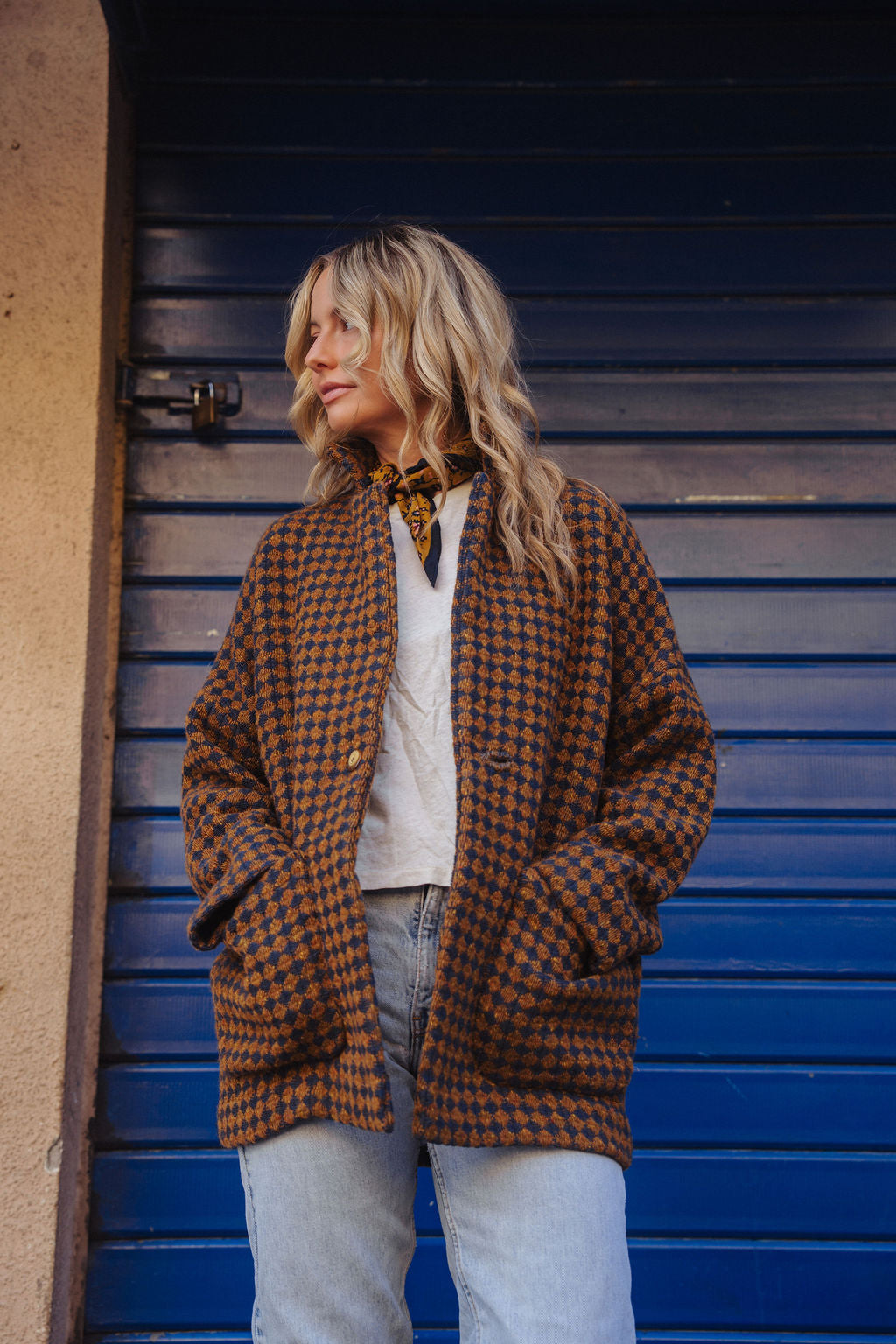 Portuguese Wool Pieper Coat in Brown and Navy Small Check Made to Order