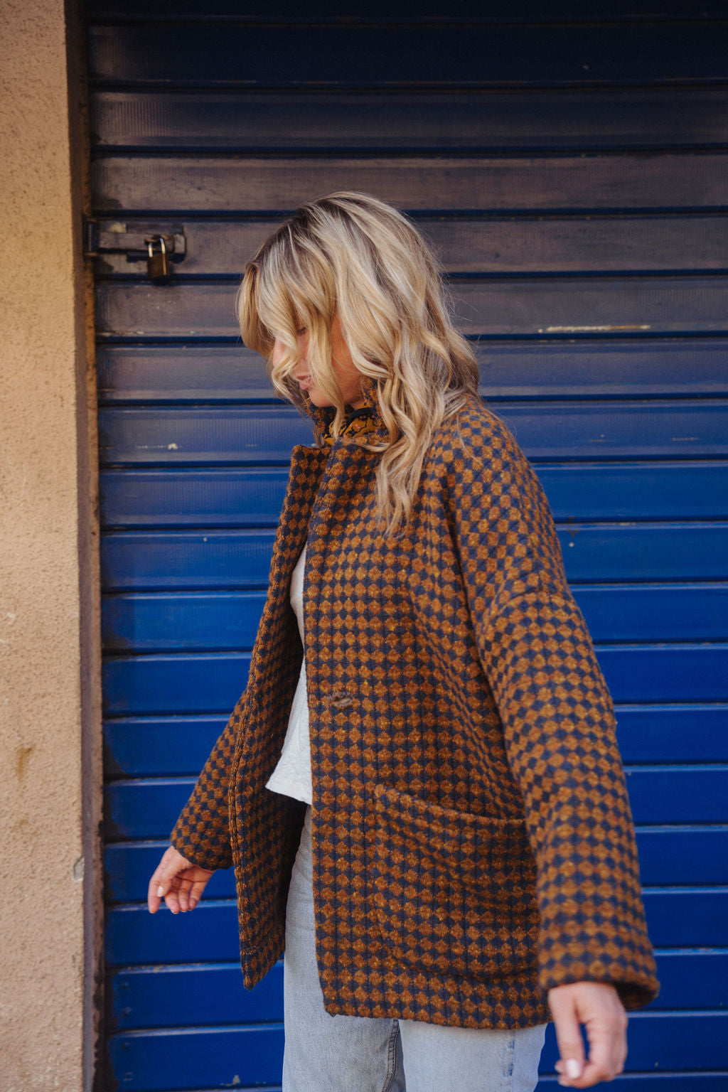 Portuguese Wool Pieper Coat in Brown and Navy Small Check Made to Order