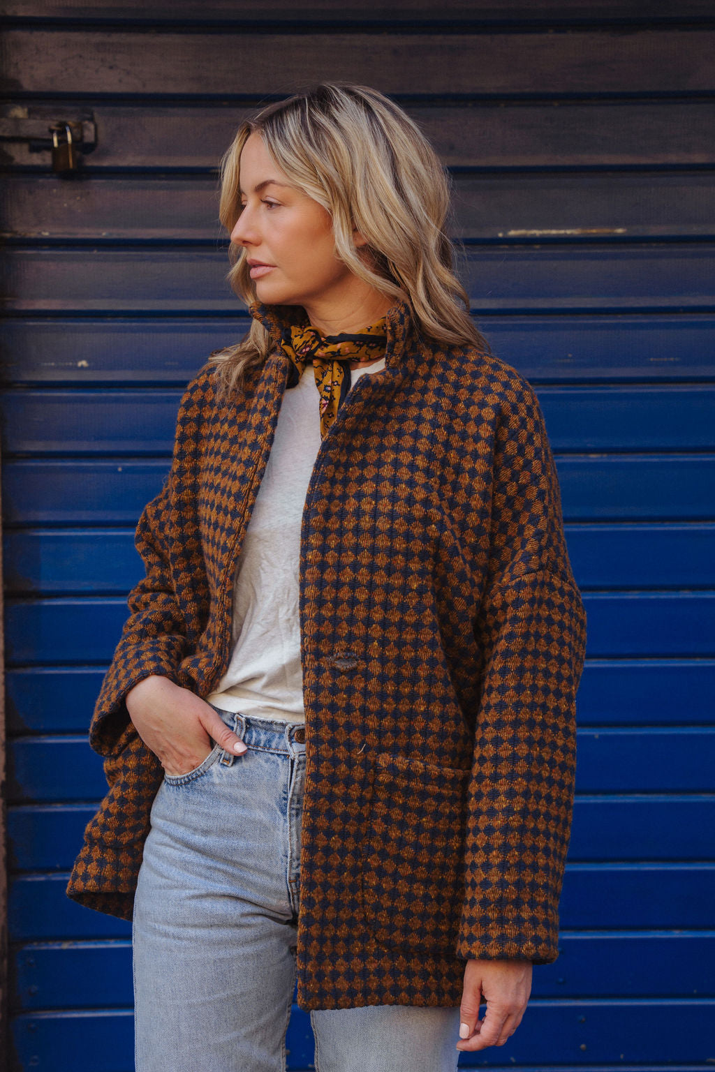 Portuguese Wool Pieper Coat in Brown and Navy Small Check Made to Order