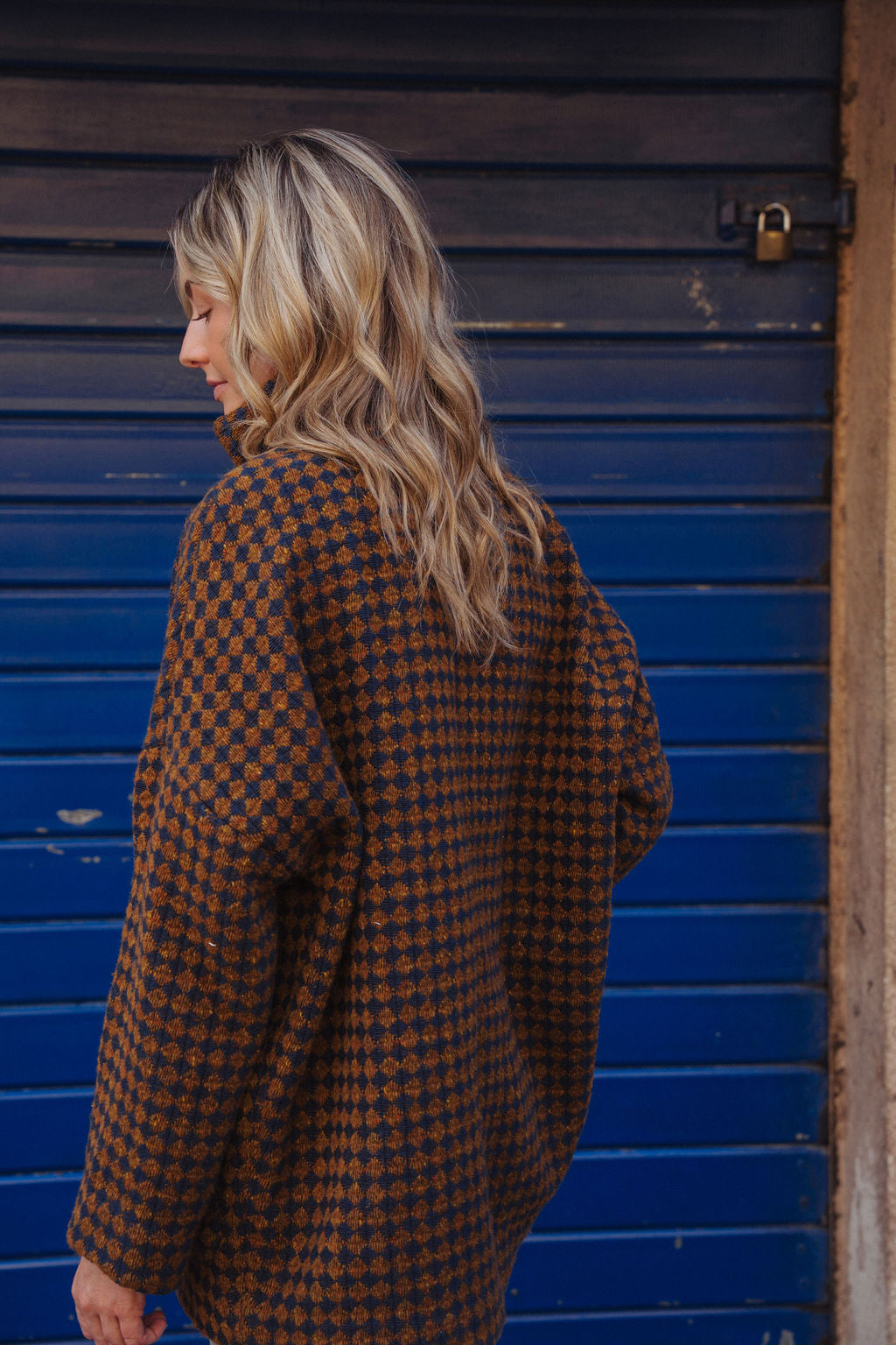 Portuguese Wool Pieper Coat in Brown and Navy Small Check Made to Order